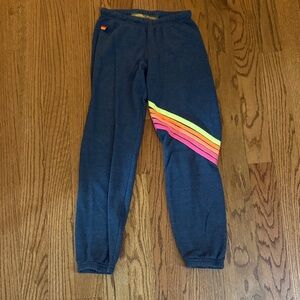 dark gray aviator nation sweatpants with neon rainbow across leg